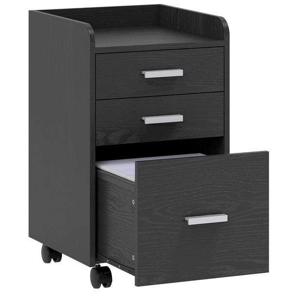 HOMCOM 3 Drawer Filing Cabinet, Rolling File Cabinet with Edged Top for Letter, A4 Size, Hanging File Folders, Black