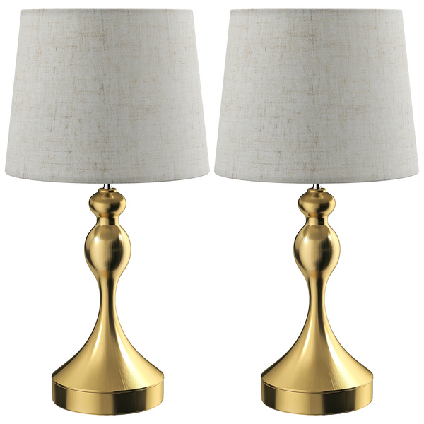 HOMCOM Bedside Lamps Set of 2, Modern Table Lamps with 3 Colour Temperatures, USB A+C Charging Ports and Linen Shade for Living Room Bedroom Office, Gold Tone