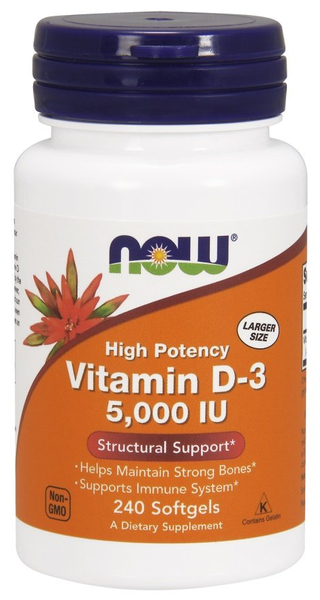 Now Foods Vitamin D-3 5000 IU 120 Wspiera Pracę Mięśni Układu Odpornościowego i Mózgu 240 Kapsułek