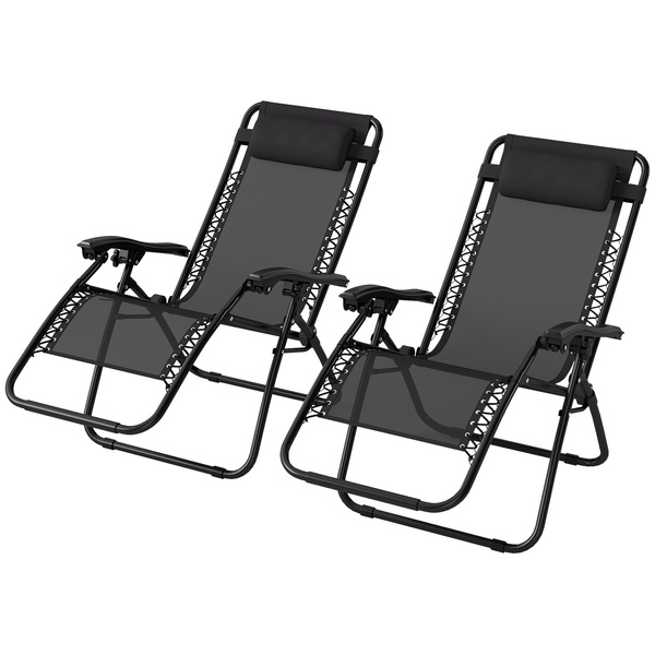 Outsunny Zero Gravity Chair Set of 2, Metal Frame Texteline Armchair Outdoor Folding and Reclining Sun Lounger with Head Pillow for Patio Decking Gardens Camping, Black