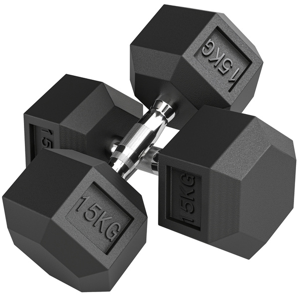 HOMCOM 2x15KG Rubber Hex Dumbbell Portable Hand Weights Dumbbell Home Gym