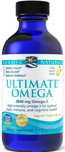 Nordic Naturals Ultimate Omega Wysoko Skoncentrowany Olej Rybny Omega 3 w Płynie o Smaku Cytrynowym Na Wsparcie Serca i Mózgu 119ml