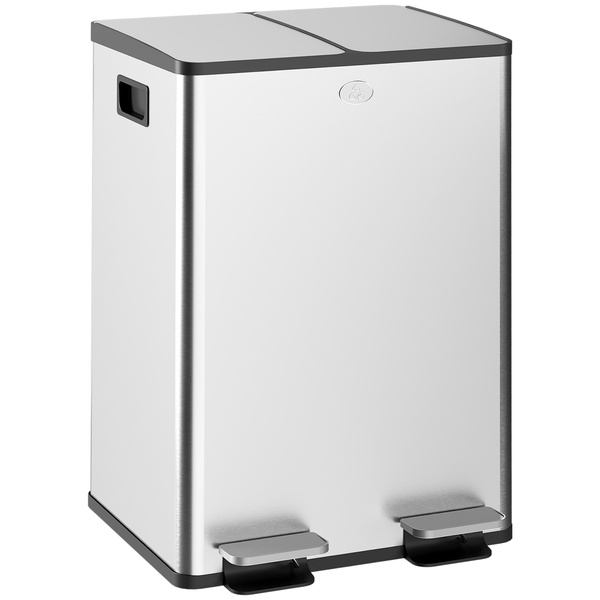 HOMCOM 56L Dual Compartment Stainless Steel Bin, with Deodoriser Holders - Silver Tone