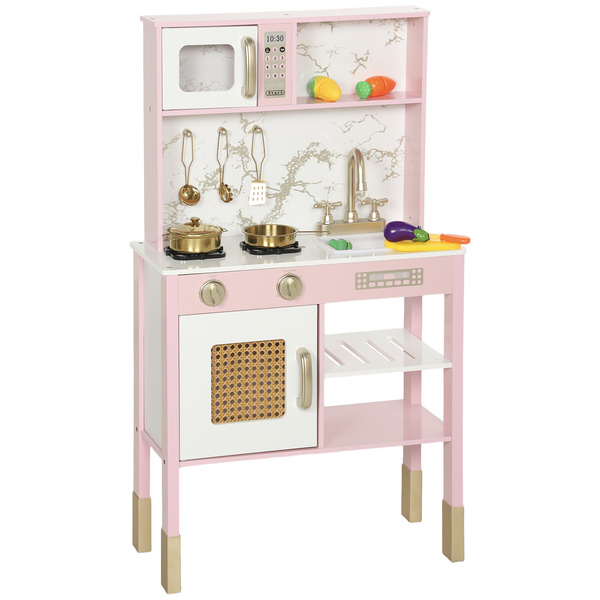 AIYAPLAY Kitchen Playset with Pretend Play Cooking Accessories, Play Kitchen with Oven, Microwave and Sink, Pink