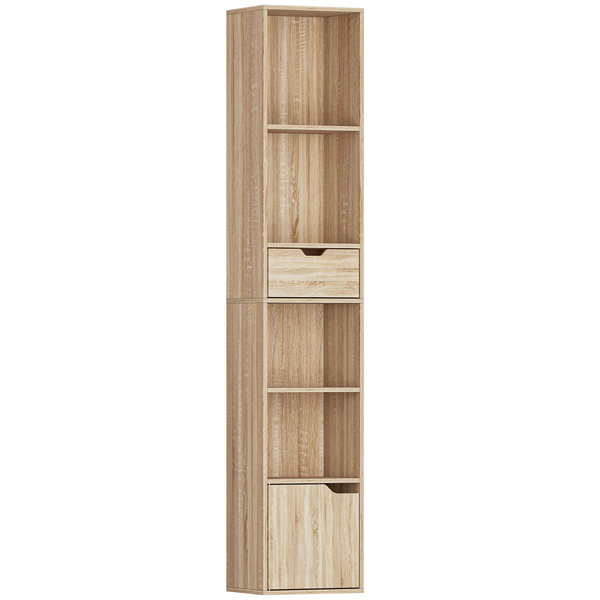 HOMCOM 6-Tier Bookcase, Tall Narrow Bookshelf with Drawer and Door - Natural Wood Finish