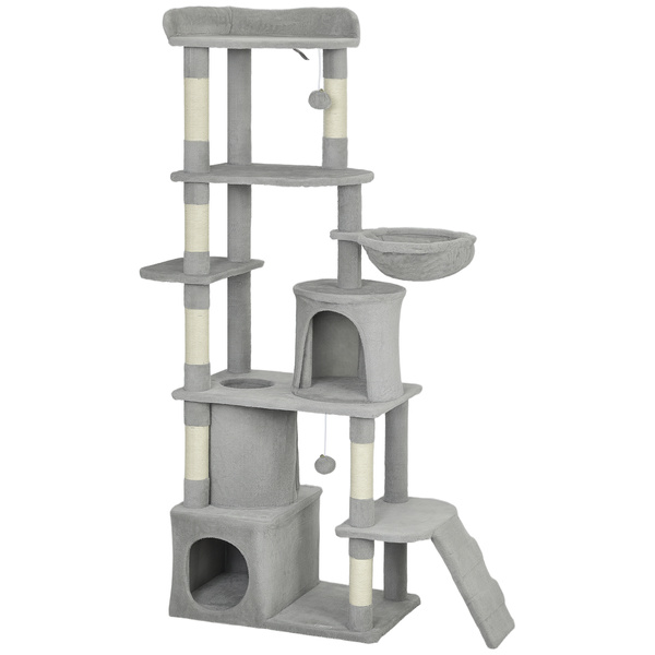PawHut 170 cm Large Cat Tree, Cat Tower with 7 Scratching Posts, 2 Condos, Hammock,  Light Grey