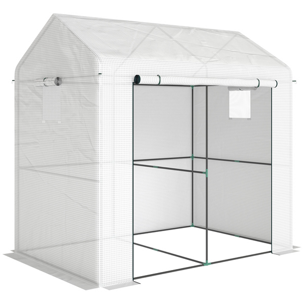 Outsunny Walk-in Greenhouse, Outdoor Tomato Greenhouse with Roll-up Door and Mesh Windows, PE Cover, 200 x 140 x 200cm, White