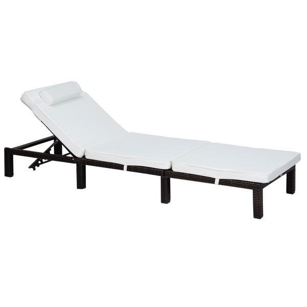 Outsunny Rattan Sun Lounger, 5-Level Adjustable Garden Lounger Recliner with Cushion and Headrest, Outdoor Reclining Sunbed, Steel Frame Garden Chair for Patio, Beach, Terrace, Cream White