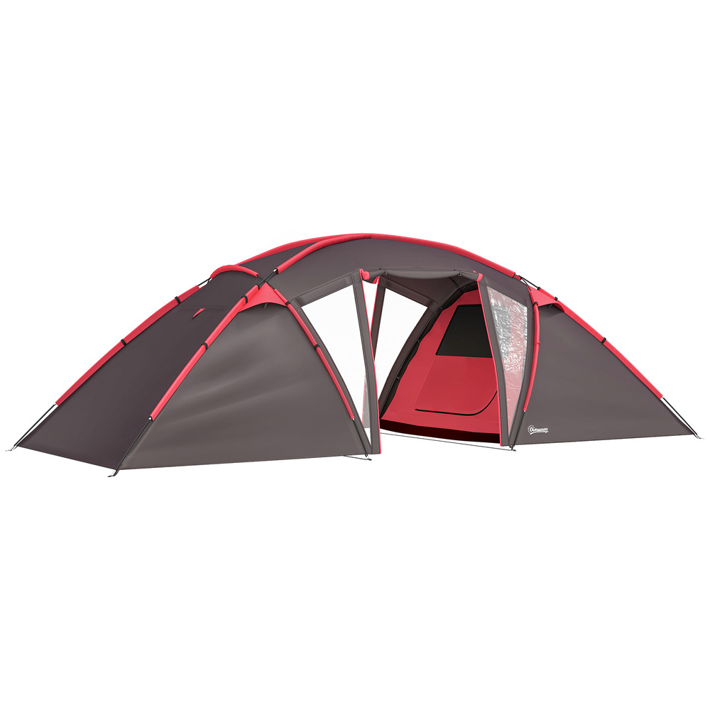 Outsunny 4-6 Man Family Camping Tent w/ 2 Bedrooms and a Living Room, Waterproof Tunnel Tent w/ Sewn In Groundsheet, Doors, Windows, Carry Bag, Grey