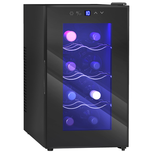 HOMCOM Mini Table Top Wine Fridge, 8 Bottle, 17L, 8-18℃, 26.5cm Quiet Under Counter Wine Cooler Fridge with Glass Door, LED Light, Digital Touch Screen, Temperature Control