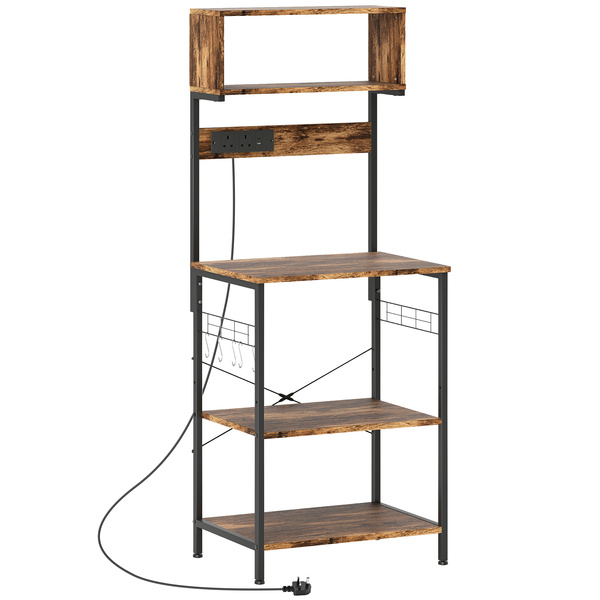 HOMCOM Kitchen Storage Rack, Bakers Rack with Power Outlet, USB Charger, Rustic Brown