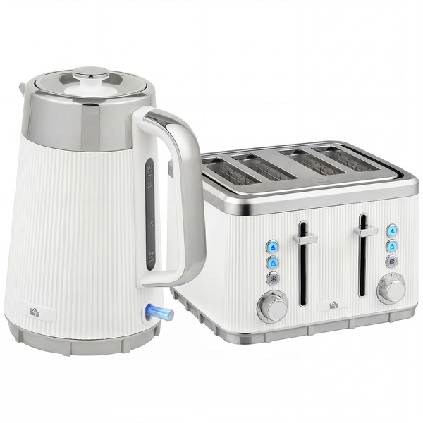 HOMCOM Electric Stainless Steel Kettle and Toaster Set, 3000W 1.7L UK Strix Thermostat Fast Boil Kettle w/ Limescale Filter, Cool Touch Body, 4 Slice Toaster with 7 Browning Levels, Crumb Tray, White