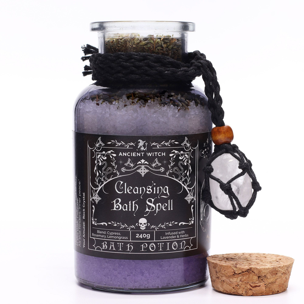 Ancient Witch Bath Spell Potion & Rock Crystal Amulet - Cleansing