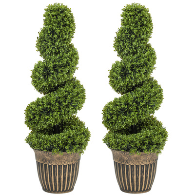 HOMCOM Set of 2 Artificial Plants, Topiary Spiral Boxwood Trees with Pot, for Home Indoor Outdoor Decor, 90cm
