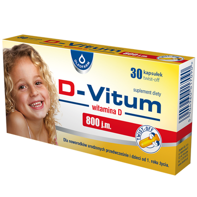 Oleofarm D-Vitum Witamina D 800 j.m. dla Dzieci na Zdrowe Kości 30 Kapsułek