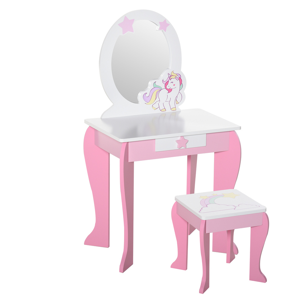 HOMCOM Kids Dressing Table with Mirror, Stool, Pink
