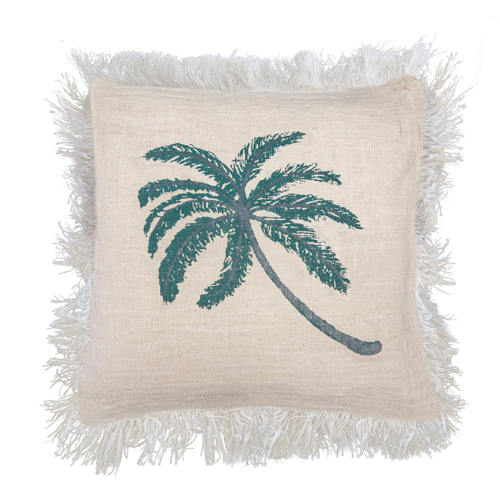 Linen Cushion Cover 60x60cm Palm Tree with Fringe