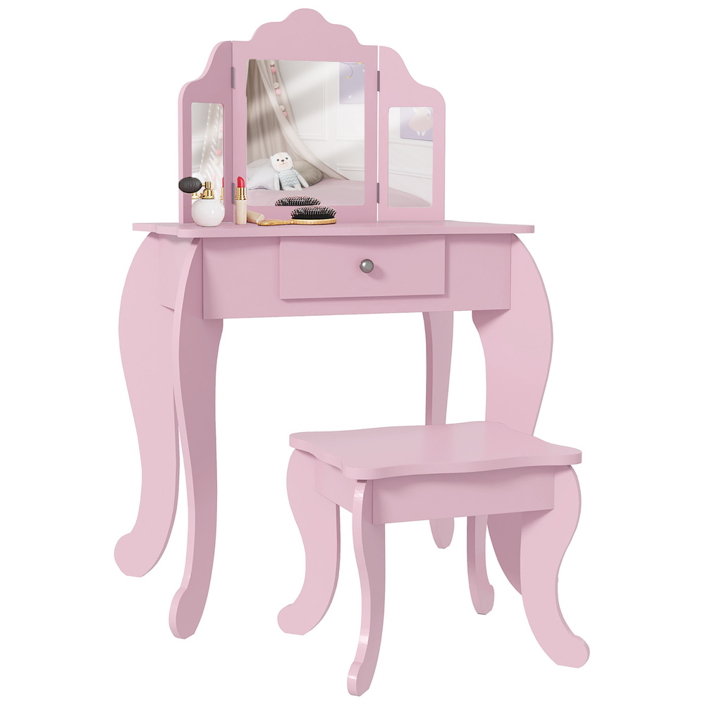 HOMCOM Kids Vanity Table and Chair Set with Tri-Folding Mirror and Stool, Makeup Dressing Table with Drawer, Pink