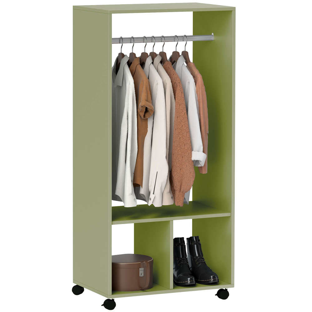 HOMCOM Open Wardrobe on Wheels, Bedroom Wardrobe with Clothes Hanging Rail, 2 Storage Shelves, Mobile Garment Rack for Cloakroom, Hallway, Green