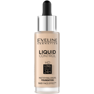Eveline Liquid Control HD Lekki Podkład do Twarzy z Dropperem Doskonały Efekt Matowienia 001 Porcelain 32ml