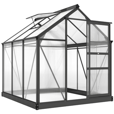 Outsunny 6 x 6ft Polycarbonate Greenhouse, Large Walk-In Green House with Slide Door and Window, Garden Plants Grow House with Aluminium Frame and Foundation, Grey