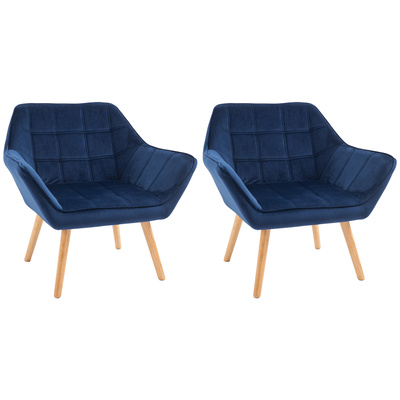 HOMCOM Armchair Accent Chair, Vanity Chair with Wide Arms, Slanted Back, Padding, Metal Frame, Wooden Legs, Home Bedroom Furniture Seating, Set of 2, Blue