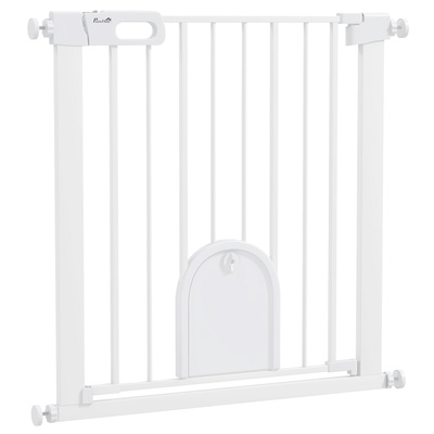 PawHut 75-82cm Pet Safet Gaye, Pressure Fit Stair, with Cat Flap, Double Locking, White