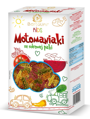 Bartolini Kids Motomaniaki ze Zdrowej Paki Makaron z Pomidorami Burakiem i Szpinakiem dla Dzieci 250g