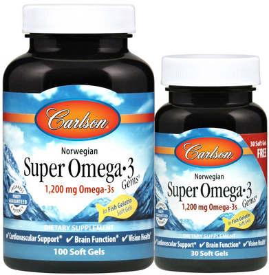Carlson Labs Norweskie Super Omega-3 Gems 1200mg Olej Rybi na Serce Mózg i Stawy 130 Kapsułek