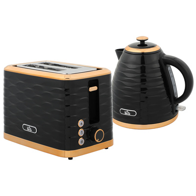 HOMCOM 3000W 1.7L Rapid Boil Kettle & 2 Slice Toaster, Kettle and Toaster Set with 7 Browning Controls and Crumb Tray, Black