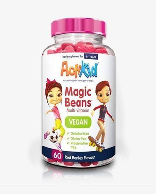 ActiKid Wegańskie Magic Beans Multiwitamina o Smaku Czerwonych Jagód dla Dzieci 4+ 60 Żelek