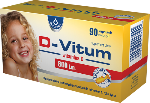 D-Vitum Witamina D 800 j.m dla Noworodków Urodzonych Przedwcześnie i Dzieci od 1 Roku Życia 90 Kapsułek