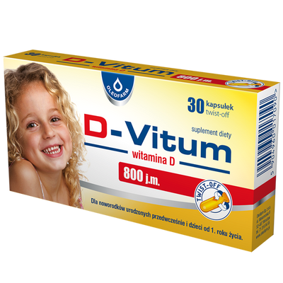 Oleofarm D-Vitum Witamina D 800 j.m. dla Dzieci na Zdrowe Kości 30 Kapsułek
