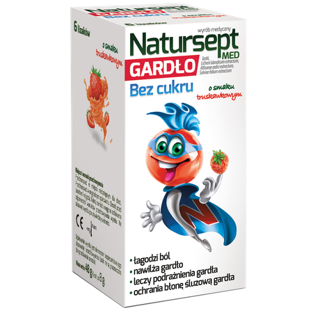 Aflofarm Natursept MED Gardło Lizaki Bez Cukru Truskawka 6 Sztuk