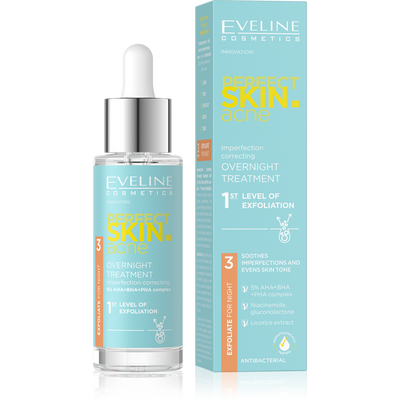 Eveline Perfect Skin Acne Kuracja na Noc Korygująca Niedoskonałości 1 Stopień Złuszczania 5% Acid Complex 30ml