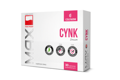 Colfarm Cynk Max dla Prawidłowego Stanu Skóry Paznokci i Włosów 10mg 30 Tabletek