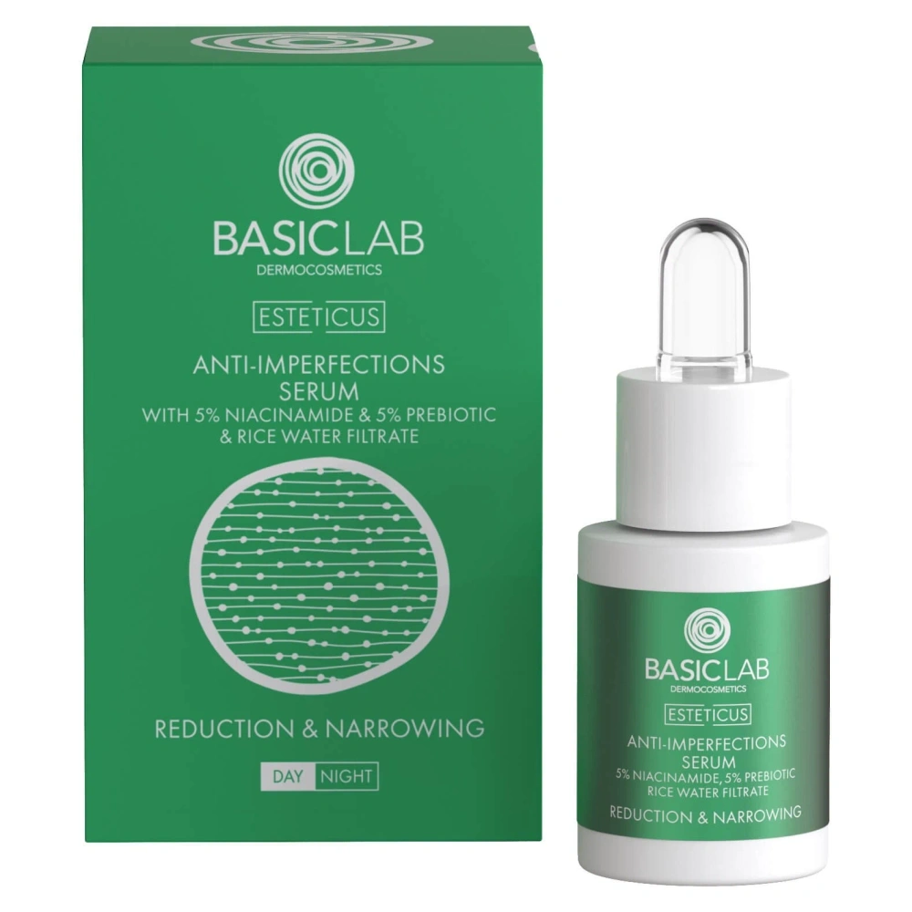BasicLab Dermocosmetics Serum Zmniejszające Niedoskonałości z Niacynamidem 5% Redukcja i Zwężenie dla Skóry Problematycznej na Dzień i na Noc 15ml