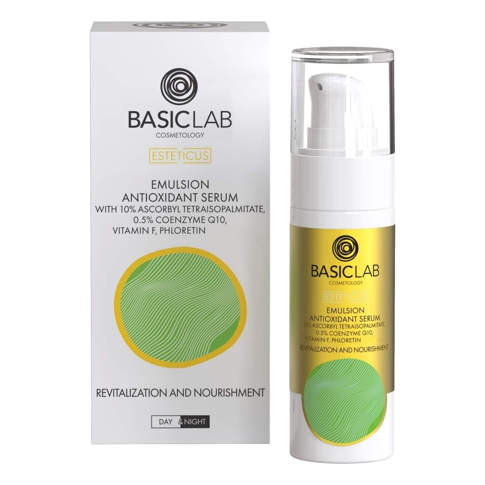 BasicLab Cosmetology Emulsyjne Serum Antyoksydacyjne z 10% Ascorbyl Tetraisopalmitate Rewitalizacja i Odżywienie dla Skóry Suchej Mieszanej i Problematycznej na Dzień i na Noc 30ml