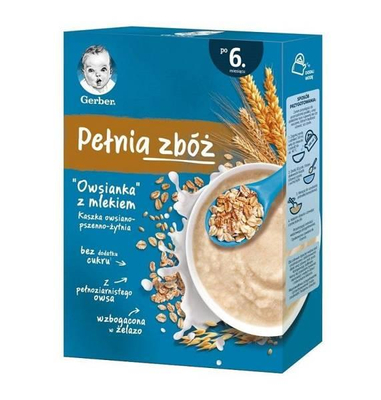 Gerber Pełnia Zbóż Kaszka Owsiano-Pszenno-Żytnia Owsianka z Mlekiem dla Niemowląt po 6 Miesiącu 200g