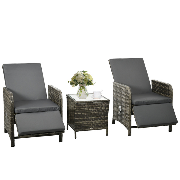 Outsunny 3 Pieces Rattan Bistro Set Balcony Furniture with Cushions, Storage Function - Dark Grey
