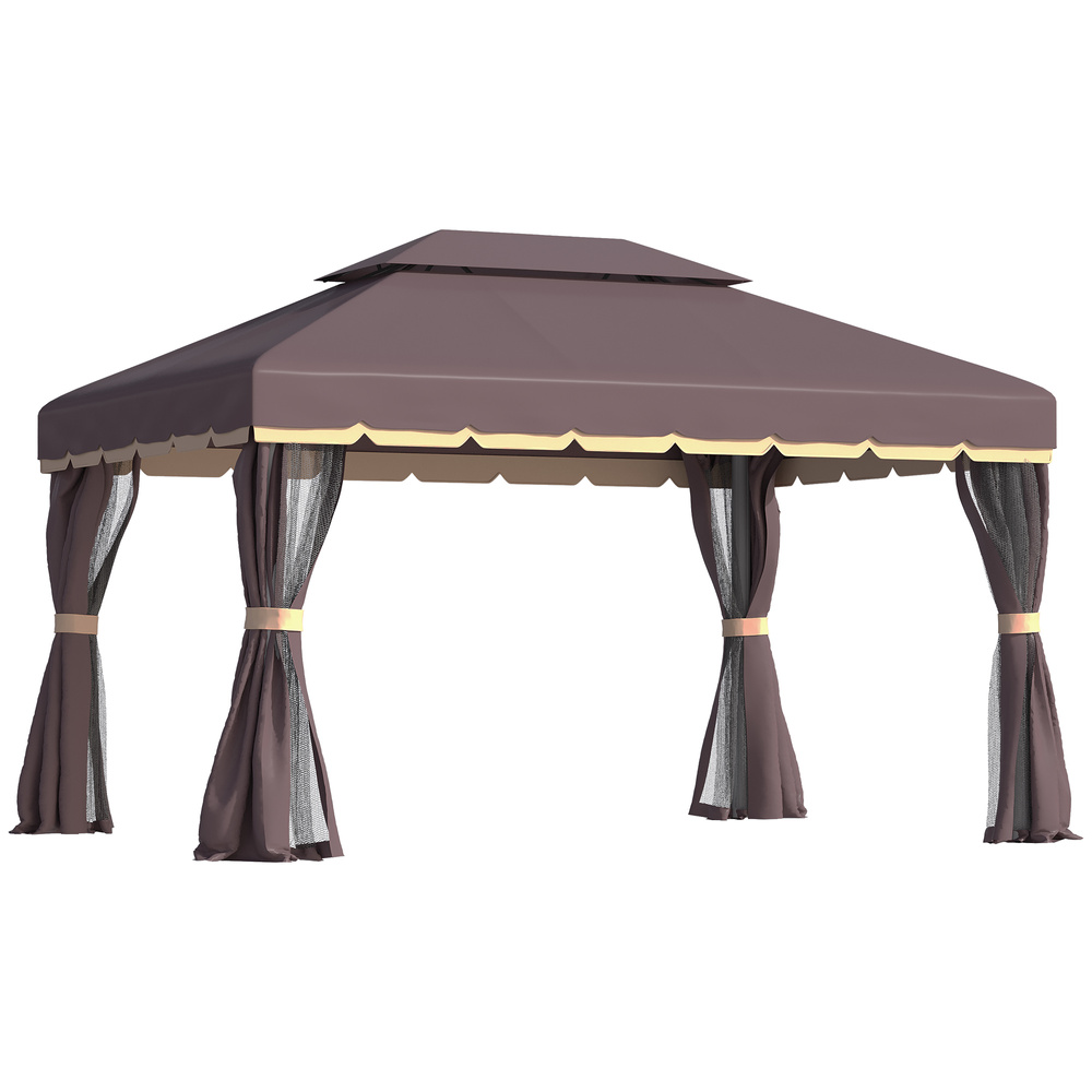 Outsunny 3 x 4m Aluminium Garden Gazebo, Marquee Canopy Shelter Pavilion Party Tent with Nets and Curtains for Garden and Deck, Coffee