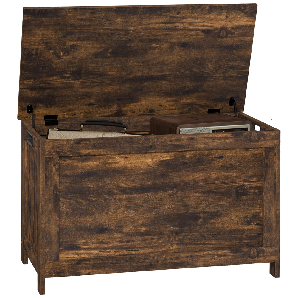 HOMCOM Storage Chest, Modern Storage Trunk with 2 Safety Hinges and Cut-out Handles, Wooden Toy Box for Living Room, Entryway, 76 x 40 x 48 cm, Rustic Brown
