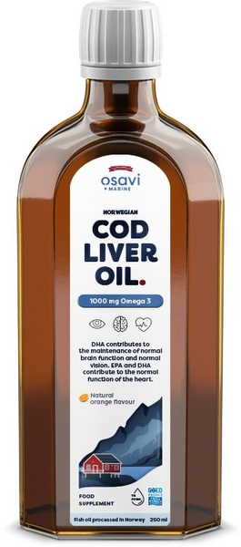 Osavi Norweski Tran z Wątroby Dorsza 1000mg Omega 3 o Smaku Pomarańczowym 250ml