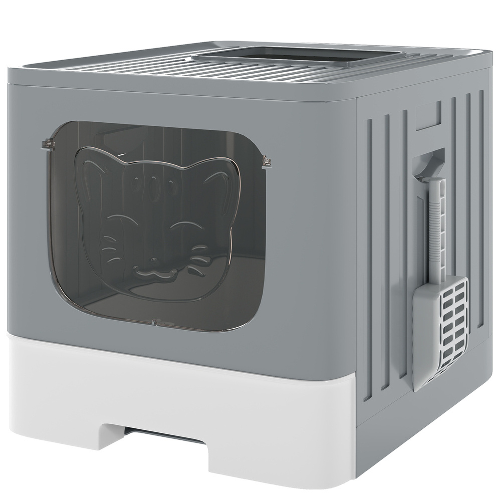 PawHut Foldable Cat Litter Box with Lid, Slide-Out Drawer, Scoop, Easy Clean, Odour Control, Anti-Splashing, Grey