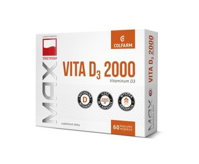 Colfarm Max Vita D3 2000 dla Prawidłowej Budowy Kości Zębów i Układu Odpornościowego 60 Tabletek  Best Before 31.01.26