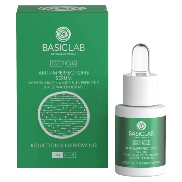 BasicLab Dermocosmetics Serum Zmniejszające Niedoskonałości z Niacynamidem 5% Redukcja i Zwężenie dla Skóry Problematycznej na Dzień i na Noc 15ml