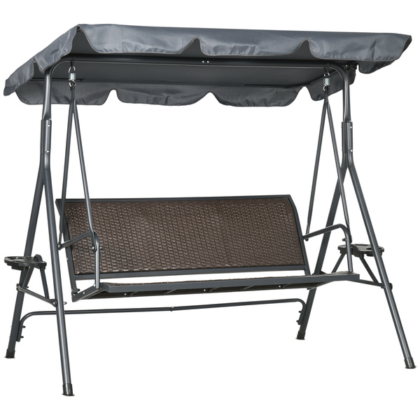 Outsunny 3 Seater Swing Chair, Garden Swing Seat Bench with Adjustable Canopy, Rattan Seat and Steel Frame for Patio, Yard, Dark Grey
