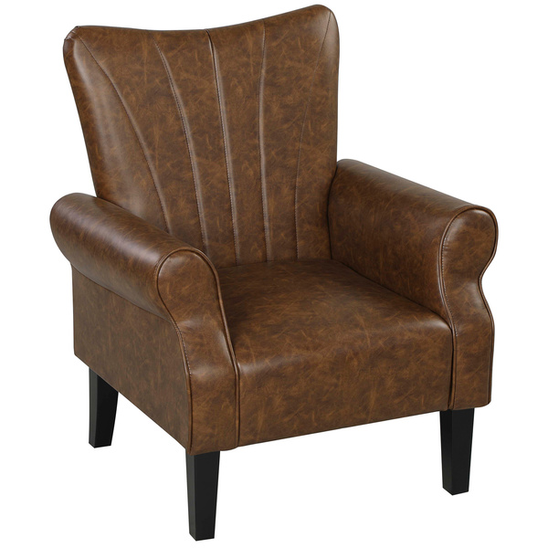 HOMCOM Upholstered Accent Chair with Rolled Arms and Wood Legs, Armchair for Living Room Bedroom, Brown