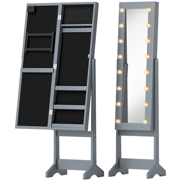 HOMCOM Freestanding Mirrored Jewellery Storage Cabinet - Grey