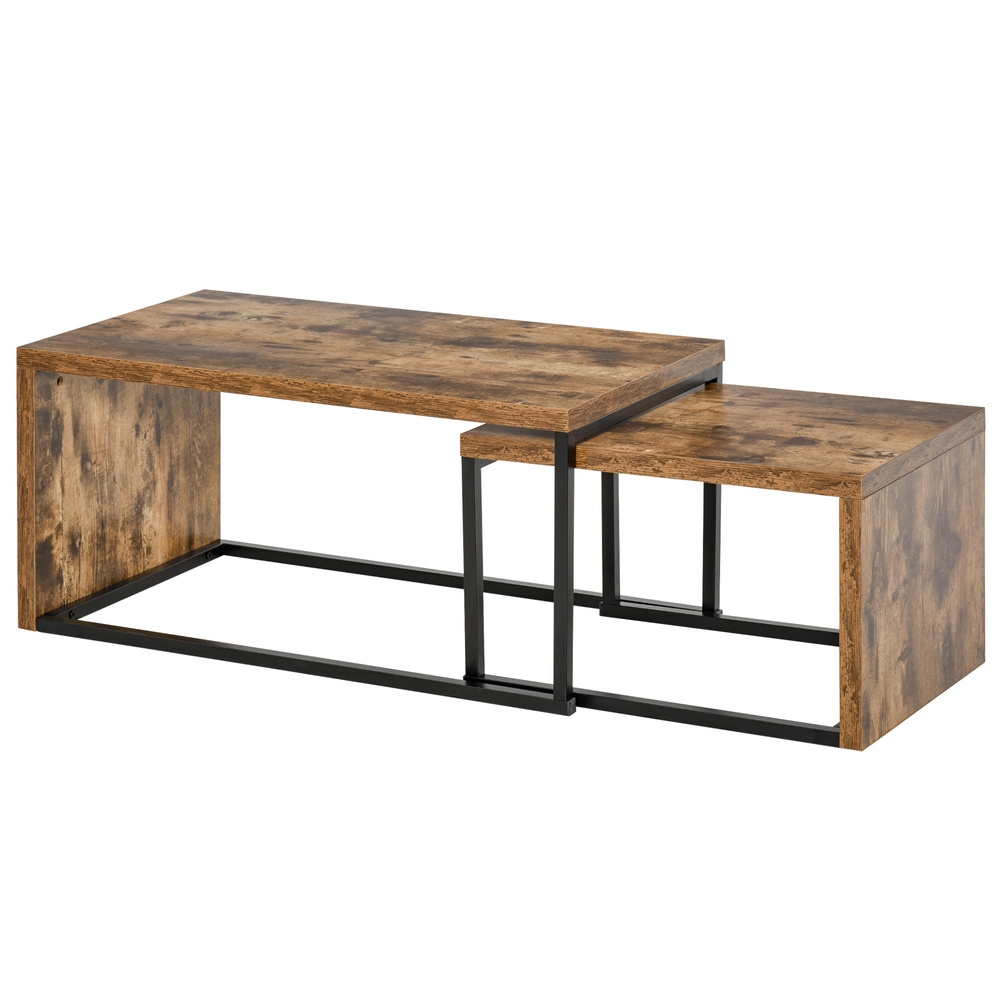 HOMCOM Nesting Coffee Table Set of 2, Industrial Stacking Side End Tables with Metal Frame for Living Room, Bedroom, Rustic Brown